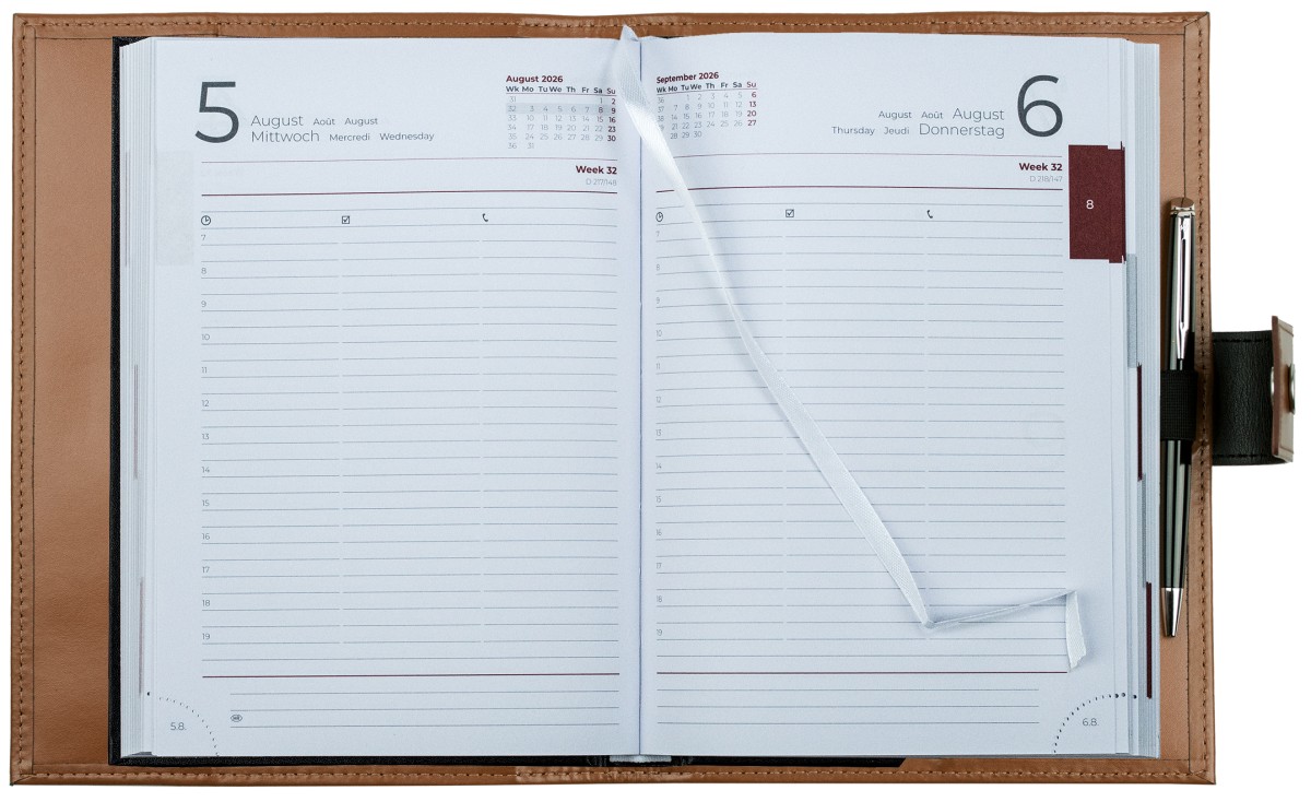 Buchkalender (auswechselbar) DIN A5 für 2026, Cambridge Top Grain Leder, hellbraun